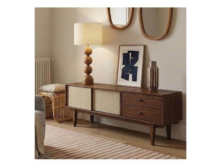 IDIMEX Lowboard SIMONA, TV Schrank 175 cm Massivholz Rattan Schiebetür Kastanie Finish