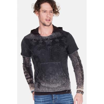 Kapuzensweatshirt CIPO & BAXX "Sweatshirts", Herren, Gr. S, grau (anthrazit), 100% Baumwolle, bedruckt, slim fit normal, Rundhals, leicht ausgefranste Kante, Sweatshirts, im Lagenlook, CL-279