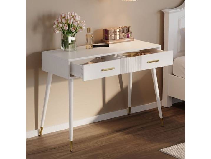 Coiffeuse Table de Maquillage 100x40x76cm - Bureau avec 2 Tiroirs Poignées et Pieds Dorés Console Moderne - Blanc et Or