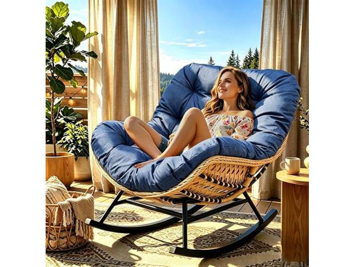 YOXIFOC Papasan Schaukelstuhl aus Rattan mit Schwammkissen für drinnen und draußen, übergroßer Garten, Terrasse, bequemer Lounge-Wippstuhl (spritzwassergeschützt, Blau)