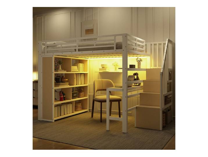 OKWISH Hochbett Jugendbett Metallbett (mit integriertem Schreibtisch, Ablagefach, LED-Lichtleiste und Treppenstauraum, 140x200 cm) ohne Matratze