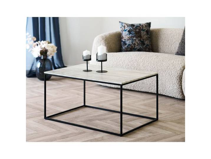 Maya - table basse plateau effet travertin en FSC 100% - pieds en métal - 90 cm - Beige / Noir