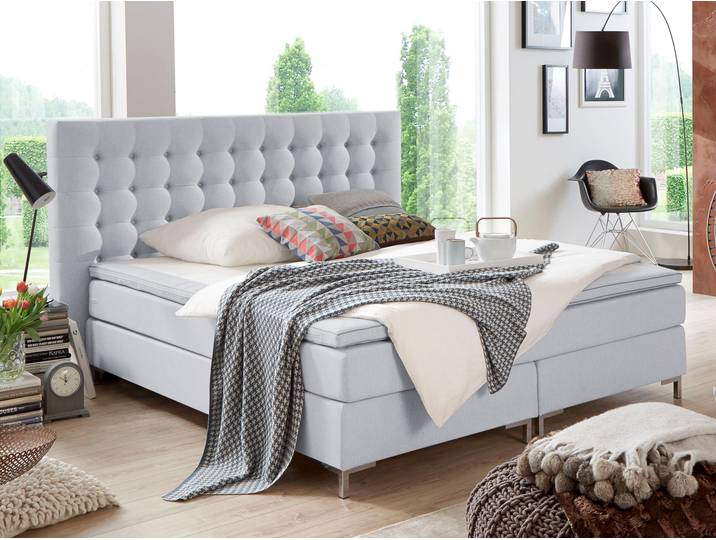 Boxspringbett, Strukturstoff, Hellgrau, 200×213 cm, Bonnell-Federkern, ATLANTIC HOME COLLECTION