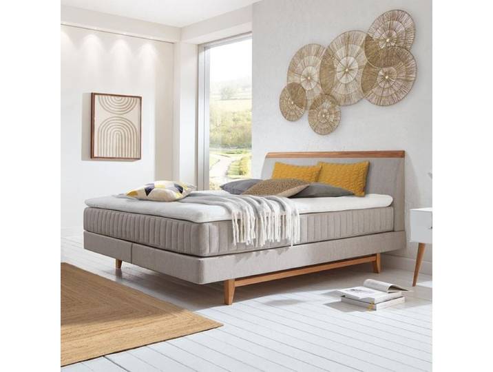 Boxspringbett Akela Eiche Webstoff 140x200cm Taschenfederkern-Box Härtegrad: H2 Taupe skandinavisch