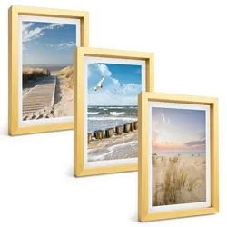 BILDER SET 3er Set - 20x30 cm Goldrahmen - Strand, Sand, Wellen, Himmel, Vögel