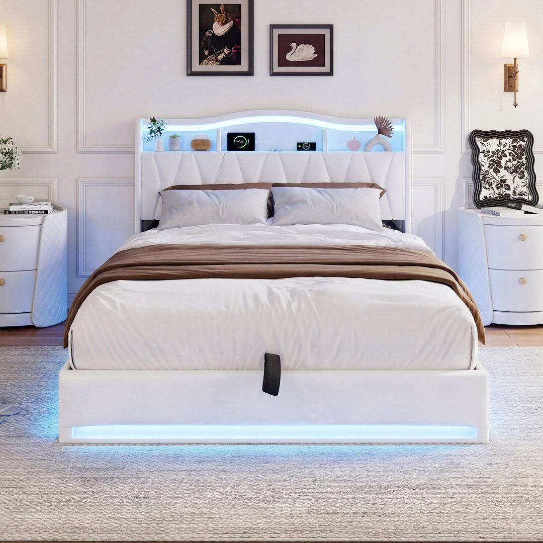 Harriet Bee Upholstered Velvet Lift Up Storage Bed Beige European Double (140 x 200 cm)