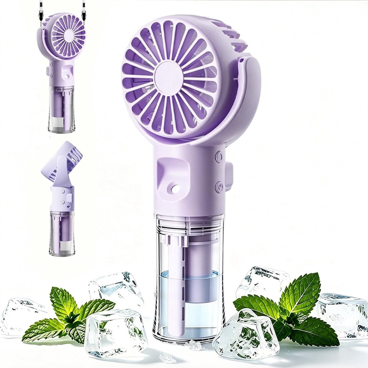Draagbare mini-ventilator met waternevel en luchtbevochtiger, USB oplaadbaar, 4 standen, paars/transparant