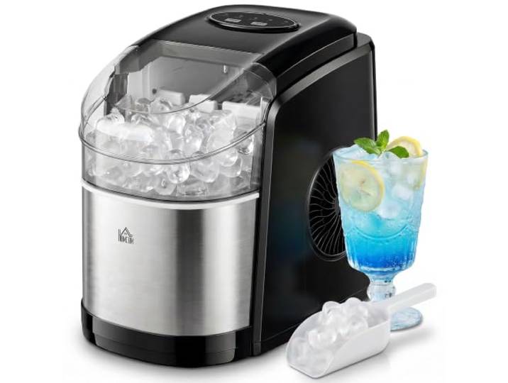 HOMCOM Eiswürfelmaschine 12 kg 24 Stunden 9 Eiswürfel in 6-9 Minuten Edelstahl, Verstellbare Würfelgrößen, Selbstreinigender Eiswürfelbereiter, Eisschaufel, Eis-Korb, für Haus
