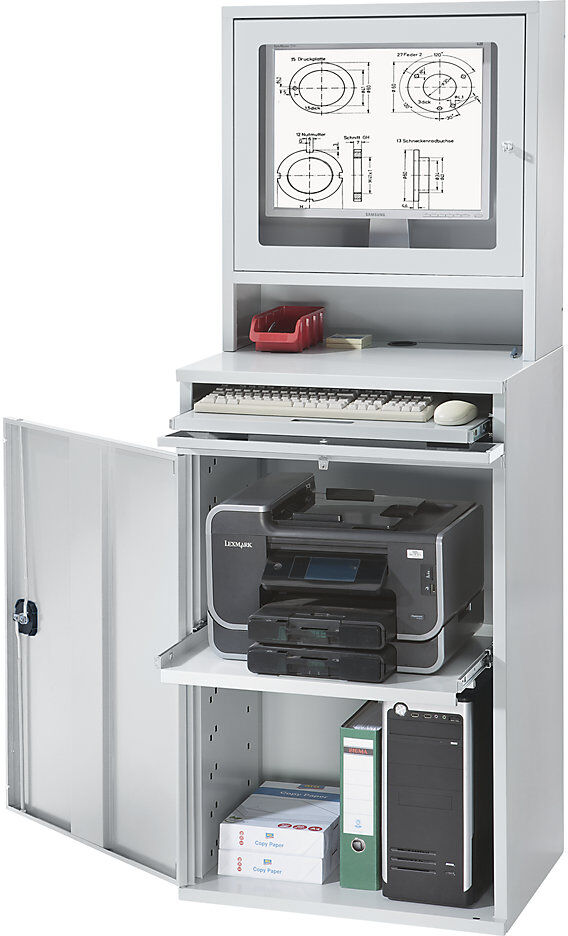Computer-Arbeitsstation, Stahlblech, HxB 1770 x 650 mm, mit Monitorgehäuse, Türfarbe Lichtgrau eurokraft pro