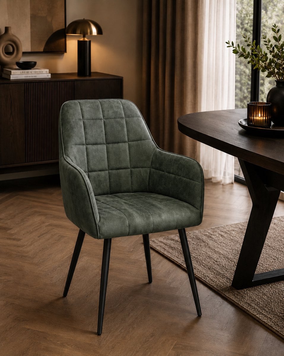 Eetkamerstoel Emma – Velvet Stof – Moss – Luxe Eetkamerstoel met Armleuningen en Metalen Poten