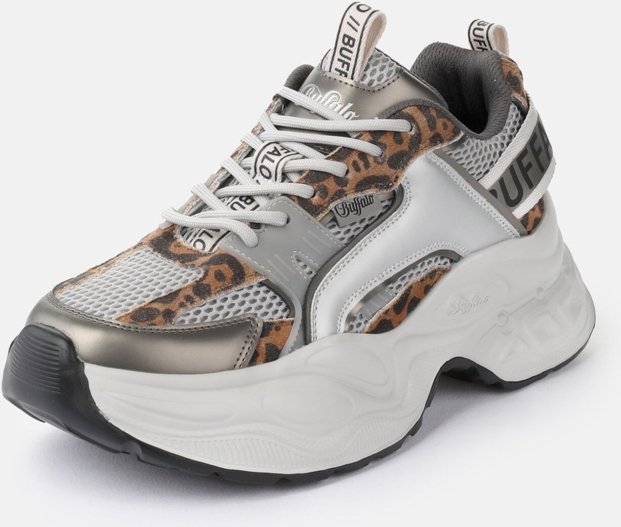 Plateausneaker BUFFALO "Yuno one", Damen, Gr. 40, Textil, bunt (weiß, silberfarben, leo), Lederimitat, Textil, metallic, Schuhe Plateausneaker, Halbschuh, Schnürschuh, Retro-Sneaker mit Memory Foam Innensohle weiß, silberfarben, leo 40, Textil