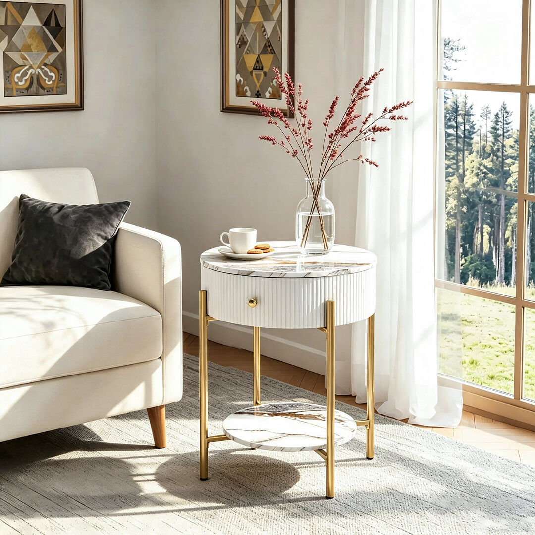 Blue Elephant Woodville Side Table with Storage Gold/Calacatta Gold 60.4cm H X 50cm W X 50cm D