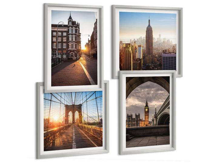 Tulup Bilder SET 4er Set - 50x50 cm & 40x60 cm Silberner Rahmen - London-Ansichtsgemälde-Set, Silberfarben, Kunststoff, Rechteckig, 50x50 cm, gerahmt, Bilder & Rahmen, Bilder