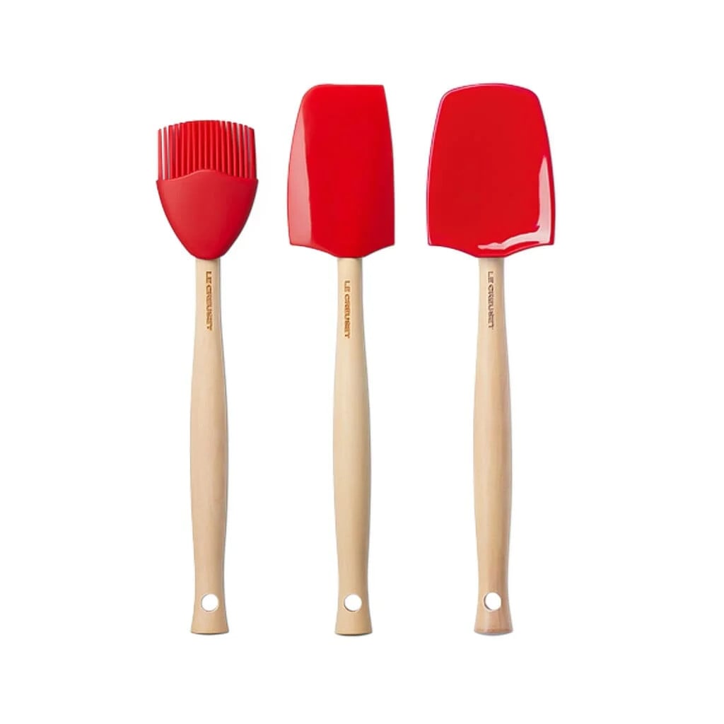 Le Creuset Ambachtelijke 3-delige set keukenhulpen met spatel, grote lepel en bakborstel, silicone, Kersenrood