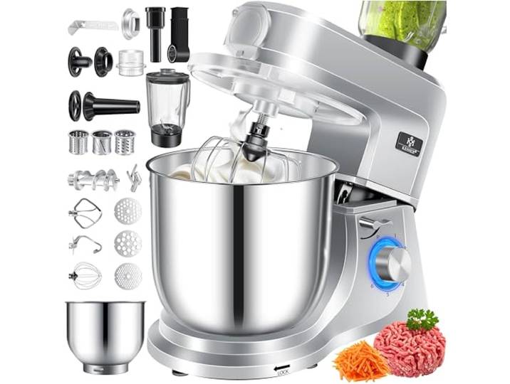 KESSER® Küchenmaschine 3in1 mit Fleischwolf & Mixer, 1500W Knetmaschine 5,5L Rührschüssel + Spritzschutz, 6 Geschwindigkeiten, Knethaken, Schneebesen, Rührhaken & Raspeln, Backen & Kochen, Silber