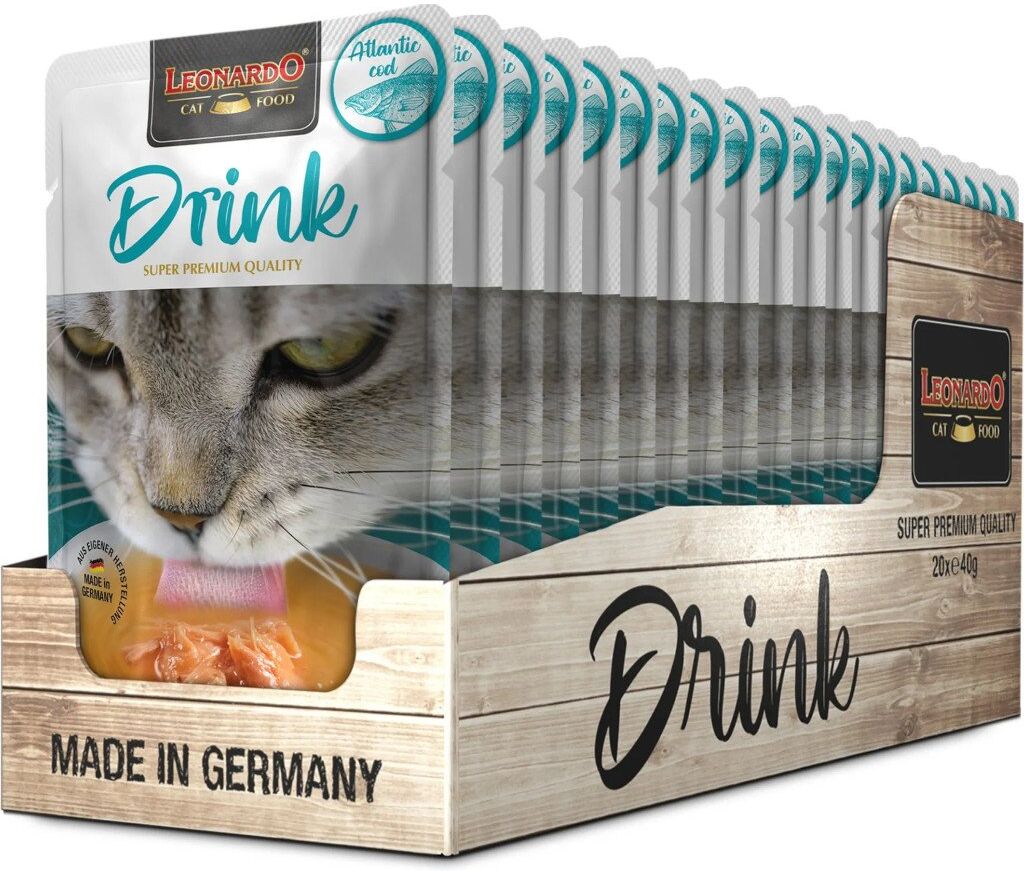 20 x 40 g Leonardo Drink Atlantic Cod Alimento Complementare Bevanda per Gatti Adulti con Brodo e Carne di Merluzzo e Pollo Senza Cereali