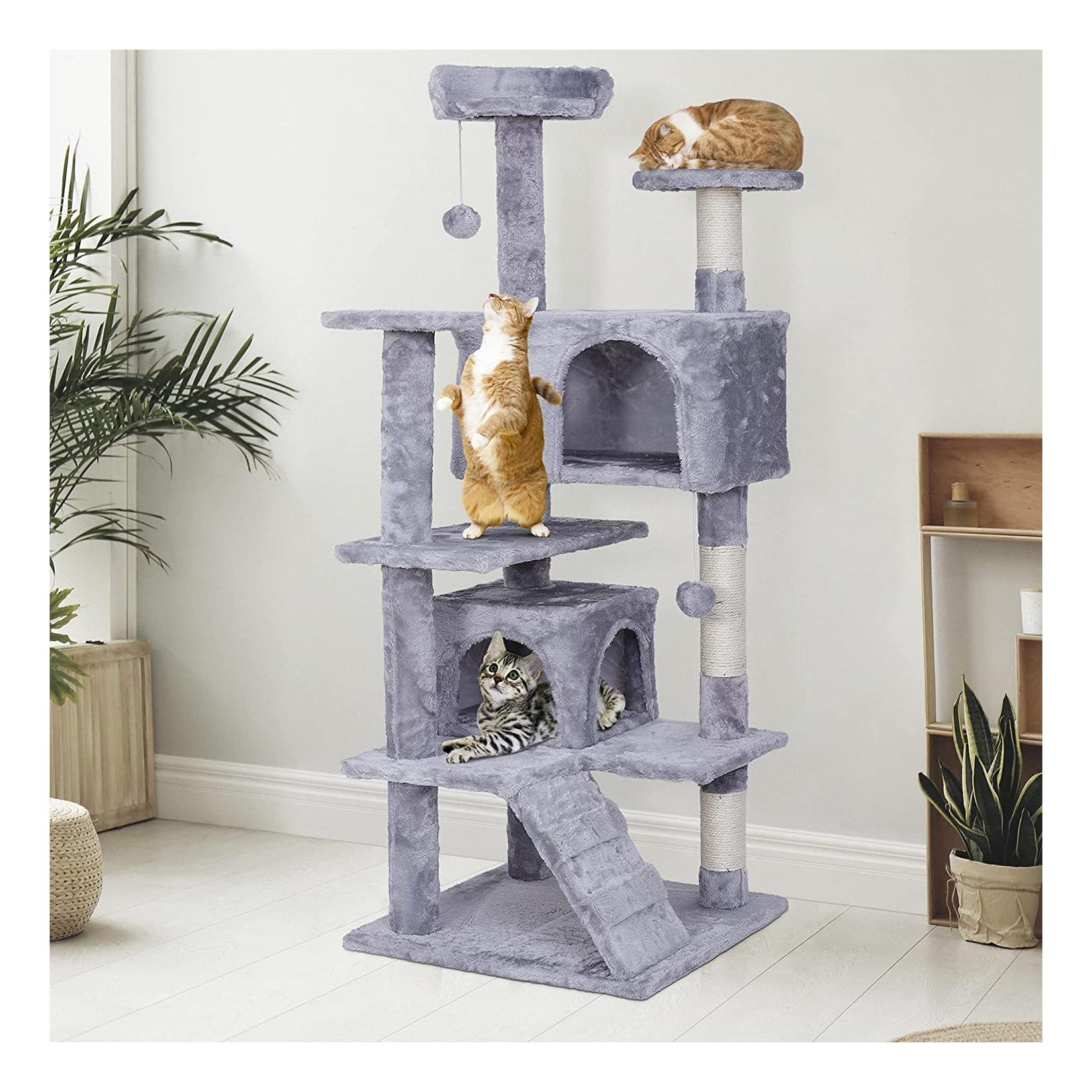 NYVI Katzen Kratzbaum Luzifer 134 cm Grau - Deluxe Katzenbaum mit Katzenhöhlen, Plattformen, Katzenspielzeug und Sisal Kratzsäule