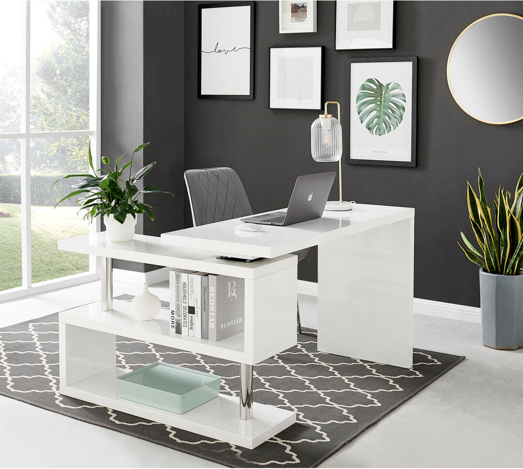 Ivy Bronx Corniche High Gloss L Shape Home Office Desk - Flexible Set Up Modern Living White 75cm H X 120cm W X 50cm D