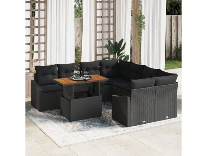 HEFZGDB 9-teiliges Garten-Esszimmer-Set mit Kissen in Schwarz aus Poly-Rattan und Akazie für Balkon und Terrasse, wetterfestes Outdoor-Möbel mit Stauraum und Stahlrahmen, modernes