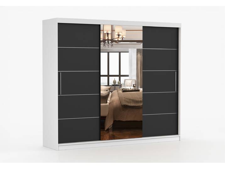 Schwebetürenschrank ALBA I 250 cm Weiß Schwarz + Spiegel Ohne LED-Beleuchtung