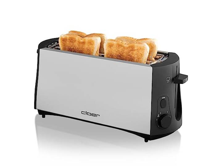 Cloer 3710 Broodrooster met lange sleuf voor 2 schijven, 1380 W, geintegreerde broodjesopzet, hefinrichting, Kruimellade, mat warmte-geïsoleerde metalen behuizing