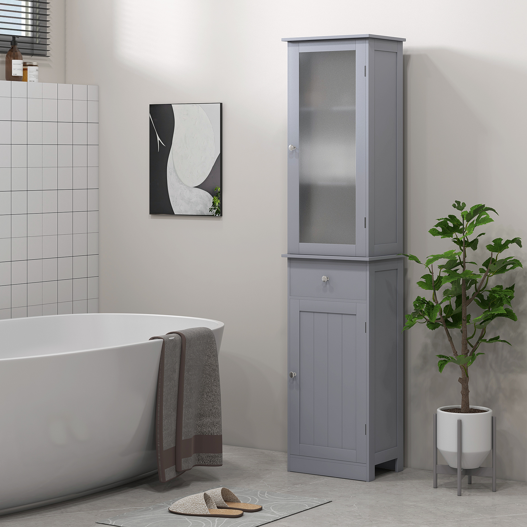 Kleankin Mobile Colonna Bagno Salvaspazio con Armadietto Cassetto e Ripiani in MDF 40x27x1715cm Grigio  Aosom