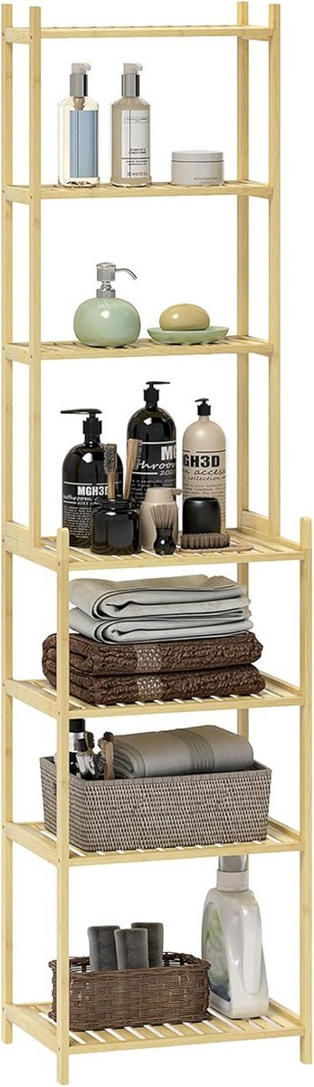 Hoog Bamboe Badkamerrek met 7 Niveaus - Smal Staand Opbergrek in Bruin/Beige