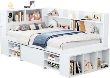 Kinderbett 90x200 Ohne Matratze Einzelbett Mit Schubladen Buecherregal Stauschrank Lattenrost Weiss