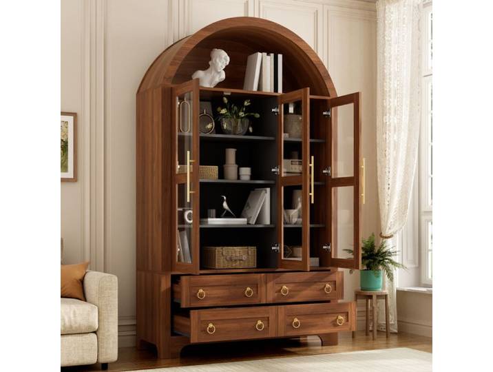 Armoire Vitrine Armoire de Rangement Haut avec 3 Portes 4 Tiroirs et Compartiment en Arc Ouvert Poignées en Aluminium
