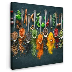 LEINWANDBILD Kräuter - Gewürze - Löffel Deko Wohnzimmer 20x20 cm