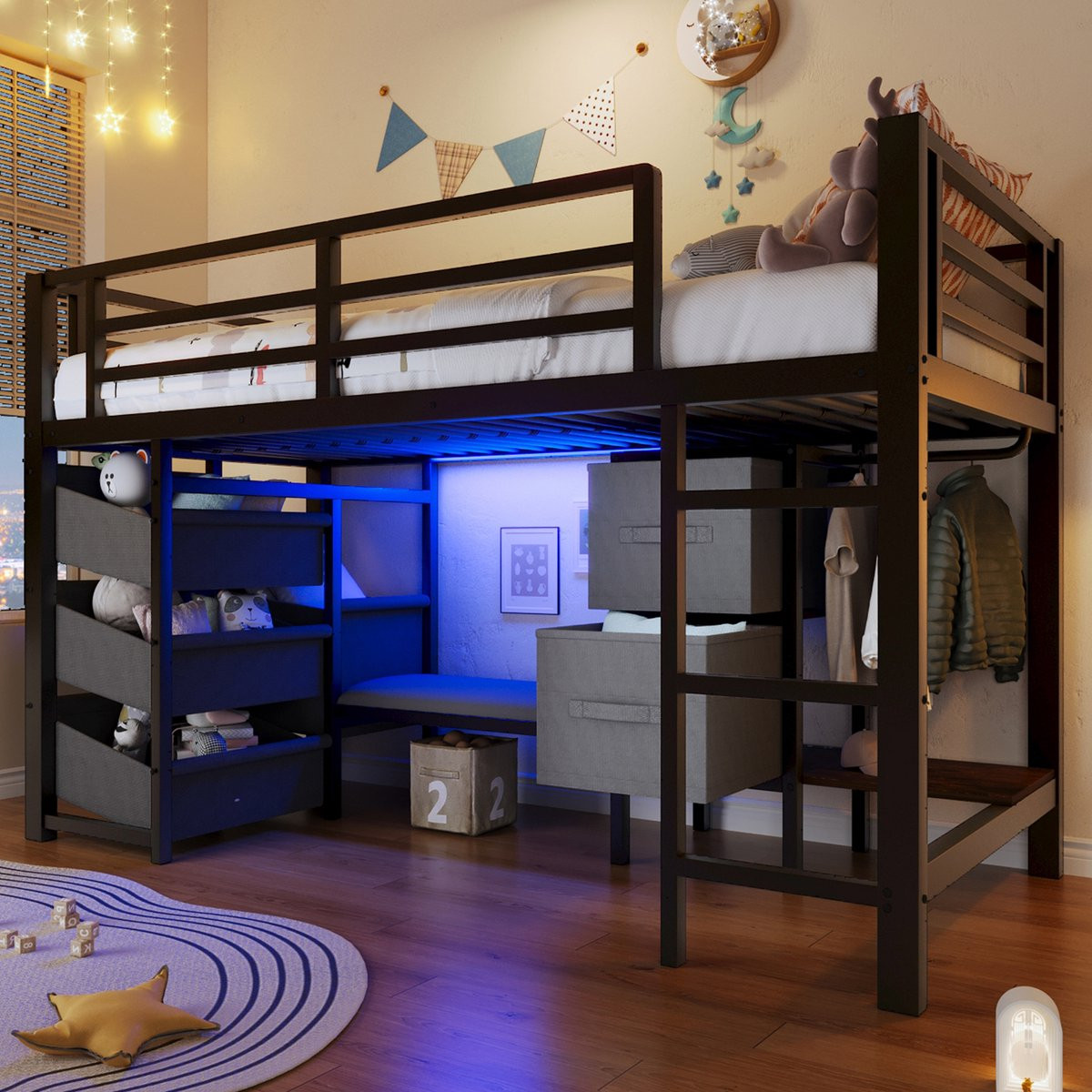 MODFU Halfhoog bedframe met LED-verlichting en kledingstang, Zwart metaal, 90 x 200 cm