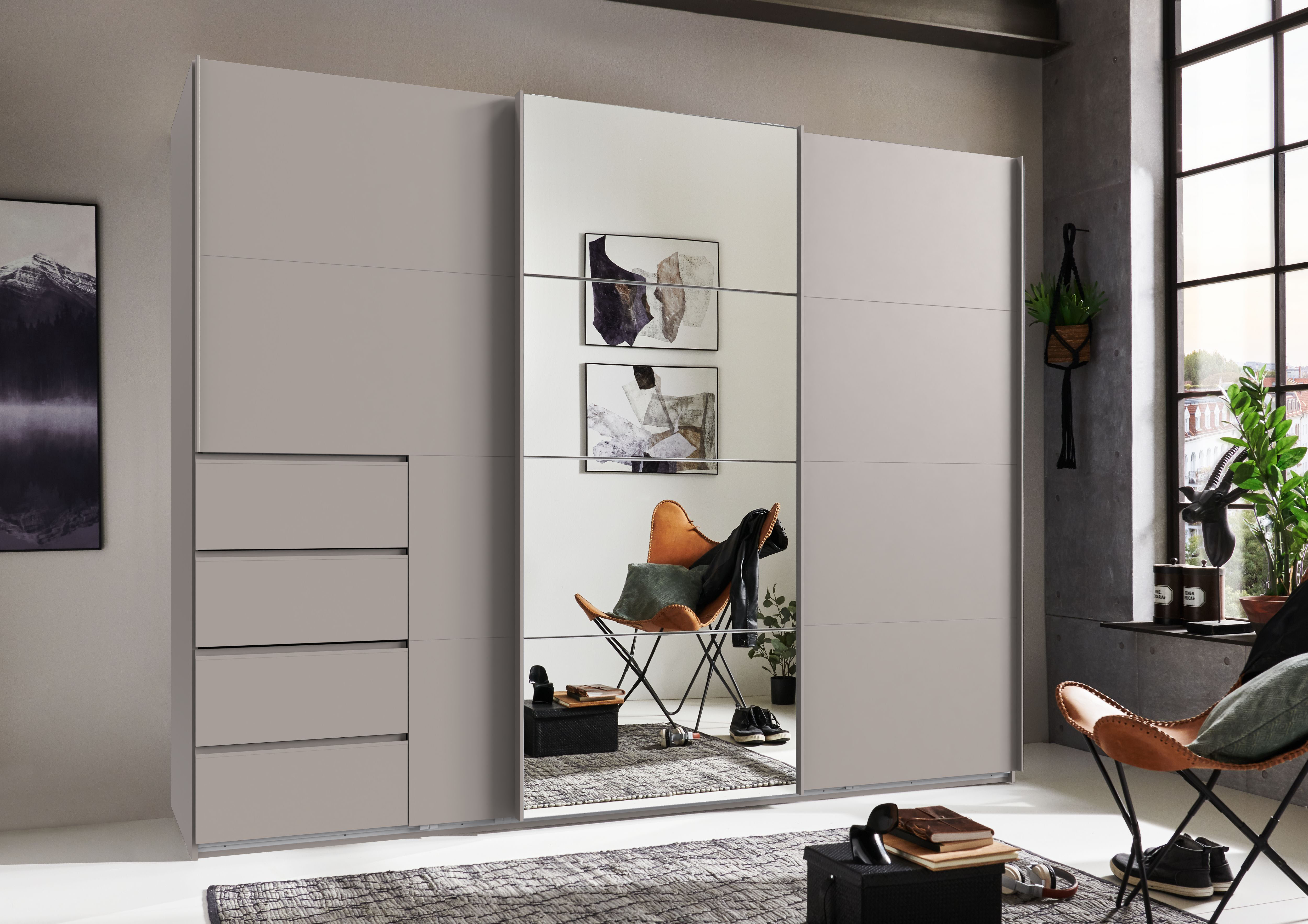 Schwebetürenschrank WIMEX "Bali in den Breiten 180cm, 225cm & 270cm, Kleiderschrank mit Spiegel", beige (kaschmir, spiegel, griffe kaschmir), B:270cm H:208cm T:64cm, Holzwerkstoff, Schränke, Schwebetürenschrank, erhältlich in der Farbe: Kaschmir, Schrank 