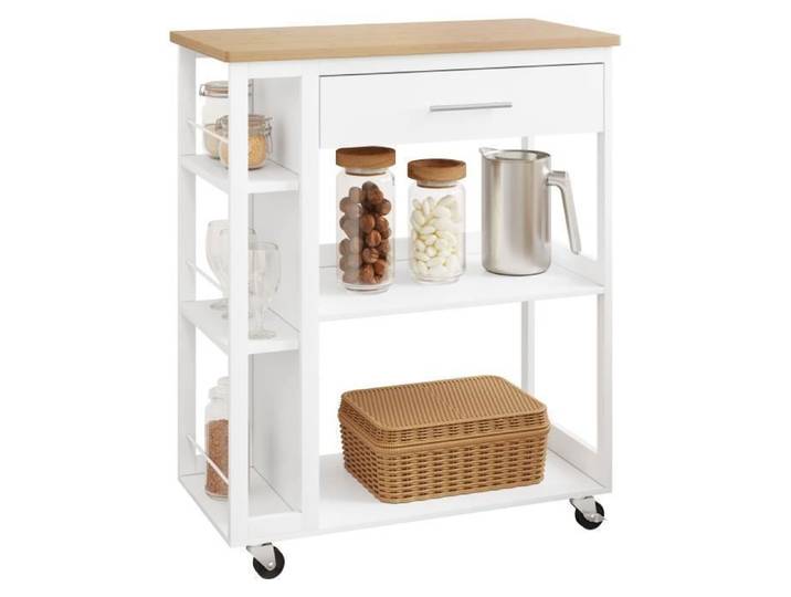 WOLTU Desserte à roulettes Étagère à 3 Niveaux avec Plan de Travail Chêne Clair+Blanc W0ITT2035
