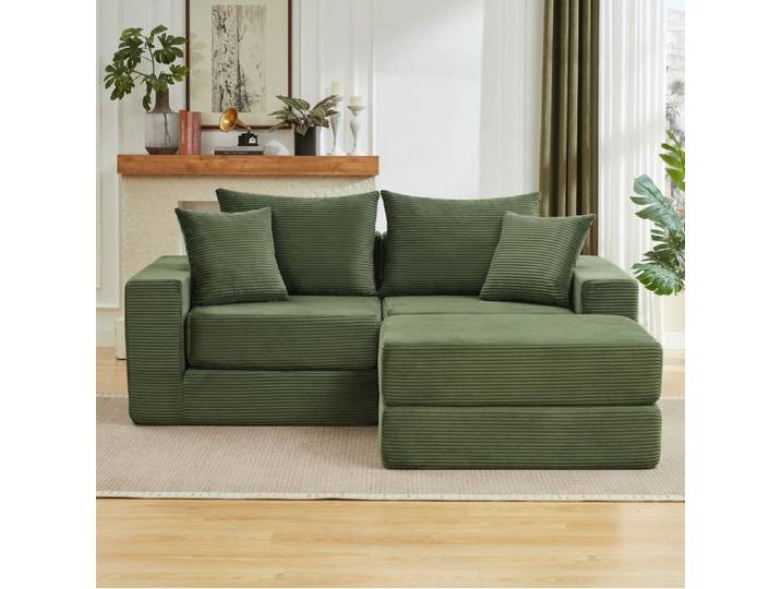 COVREO Canape modulable convertible 3 places velours cotele vert base antiderapante