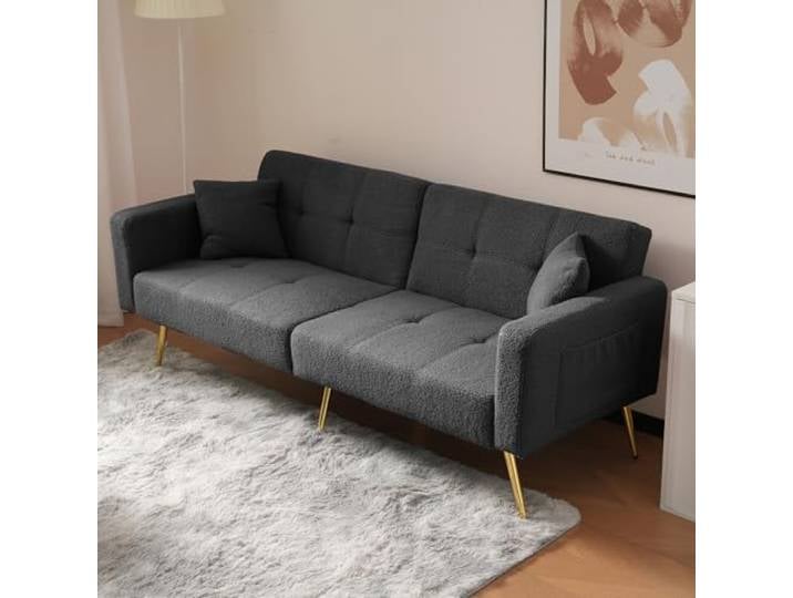 Merax Schlafsofa 2-Sitzer Sofa mit Schlaffunktion, Klappsofa mit unabhängig verstellbaren Doppelrückenlehnen - Sofabett aus Sherpa-Stoff, für Wohnzimmer/Schlafzimmer/Gästezimmer, Grau