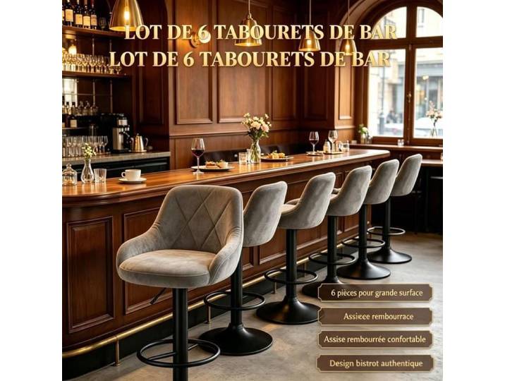 PIPIPOXER Lot de 6 Tabouret de barvelours matelassé losange chaise comptoir réglable pivot 360° mobilier café bistrot salon
