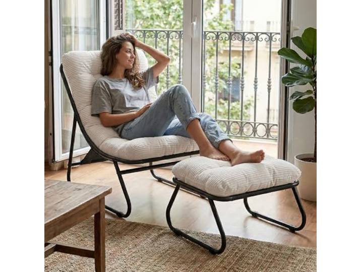 Villeston Akzentstuhl mit Ottoman, bequemer ergonomischer Loungesessel für Wohnzimmer, Schlafzimmer, Büro sowie Pool und Terrasse，White