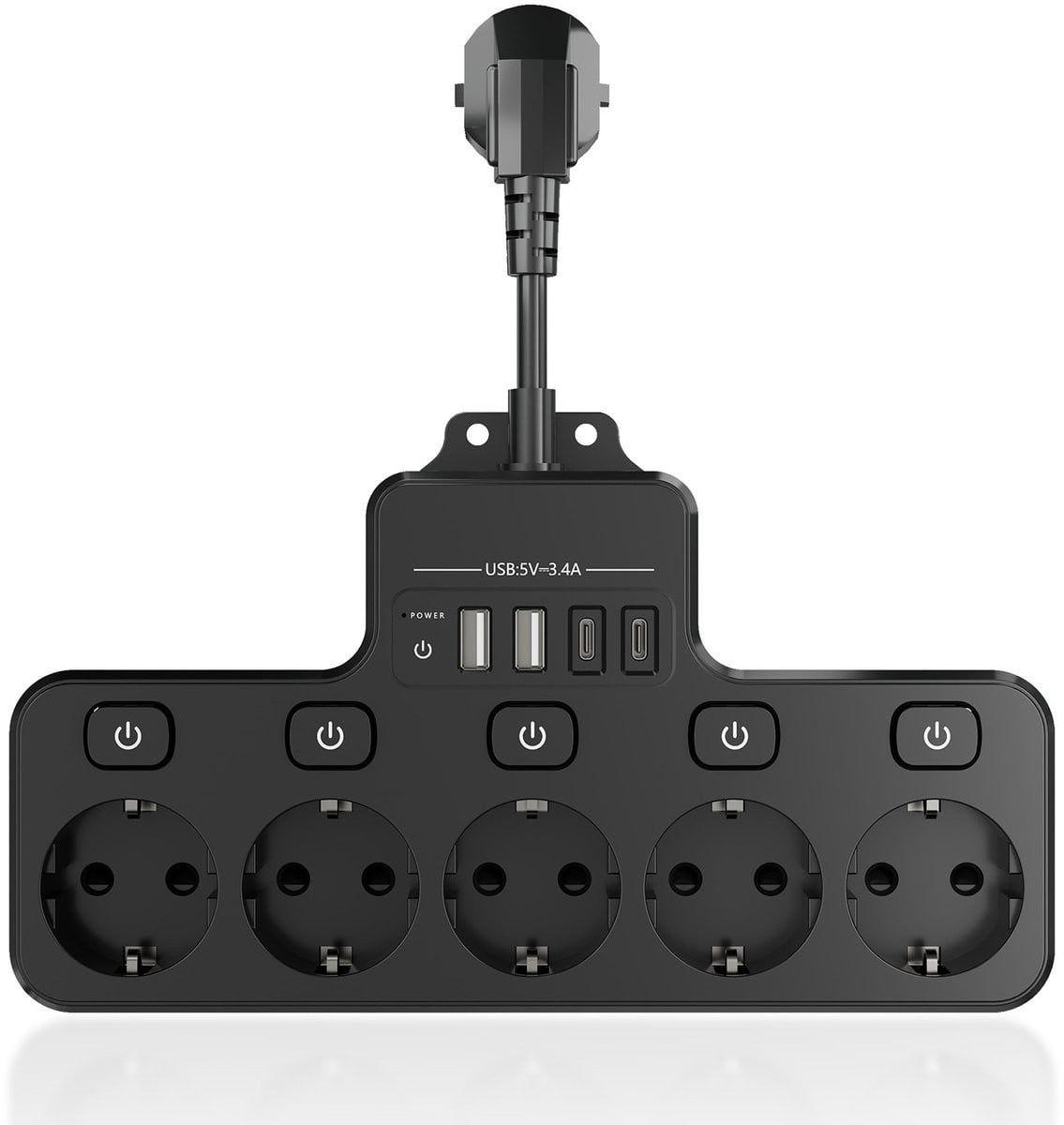 Multifunctionele stekkerdoos met 5 stopcontacten en USB Type-C aansluitingen, zwart