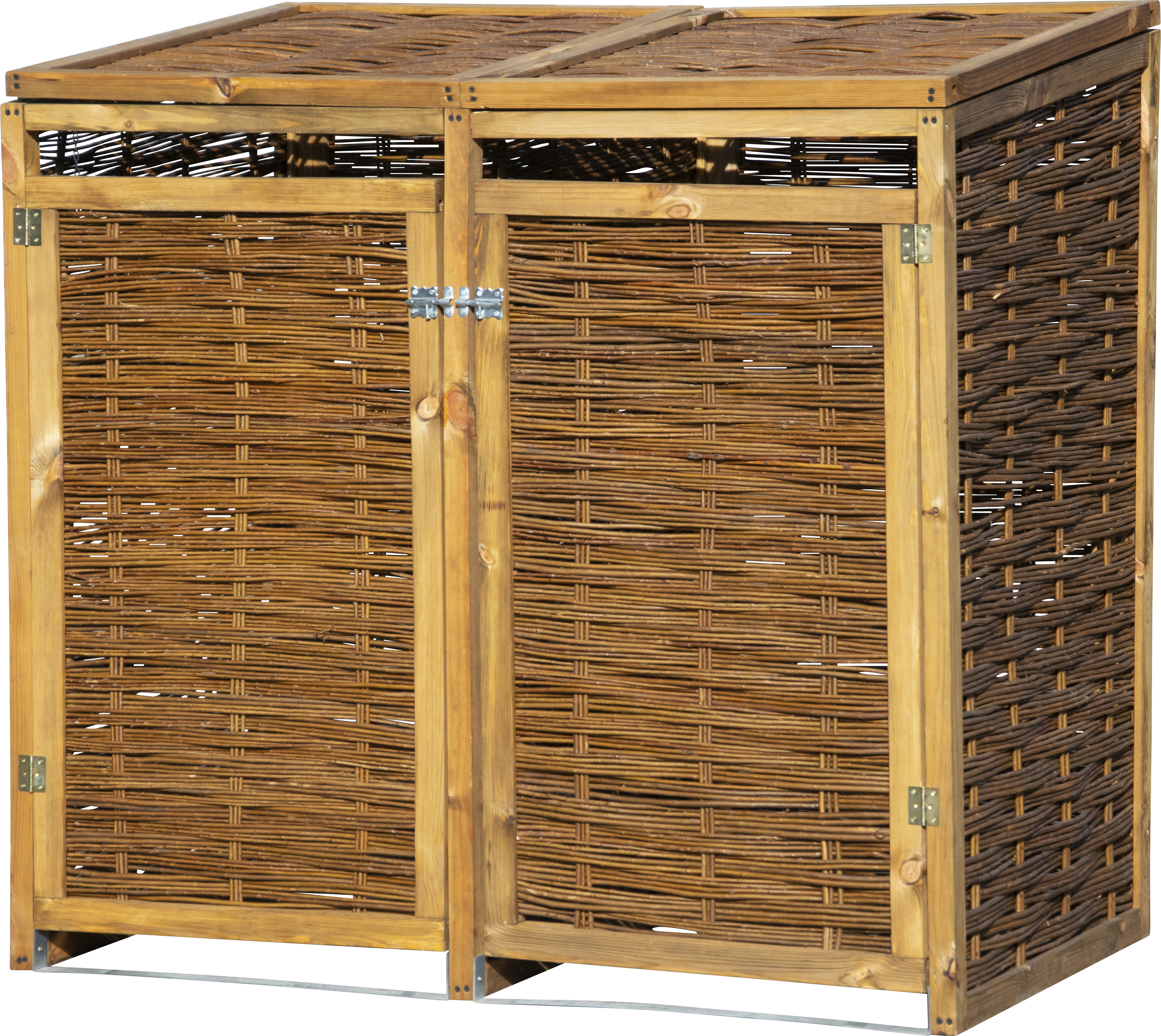 dobar Wetterfeste Doppel-Mülltonnen-Box aus Holz, aufklappbares Mülltonnen-Versteck für zwei 240l Tonnen, ungeschälte Weide, braun, 137 x 83 x 132 cm