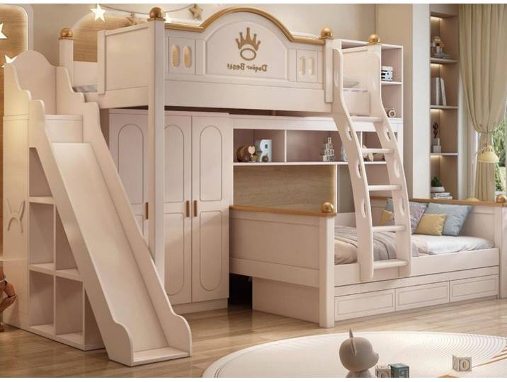 Xlmoebel Etagenbett XLMOEBEL Kinderbett Holz weiß mit Rutsche und Schubladen (Etagenbett, 1-St., Etagenbett mit Rutsche), Made in Europa