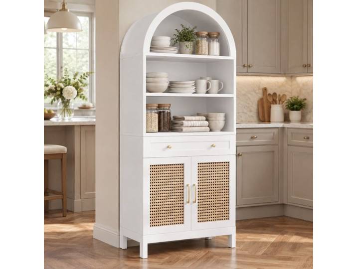VUENOR Vitrine 70 x 40 x 170 cm blanc et naturel – 3 niches 2 portes effet cannage 1 tiroir