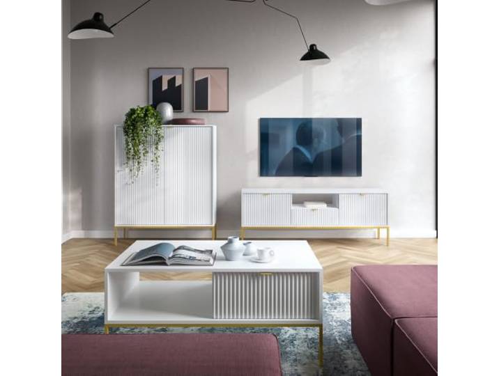 Lomadox Wohnmöbel Set Wohnwand weiß, Fußgestell goldfarben, 3-teilig, 1 Highboard, 1 Couchtisch, 1 Lowboard