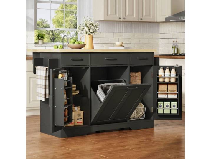 Desserte de cuisine 120x45-70x87 cm plateau rabattable rangement compartiment poubelle MDF noir