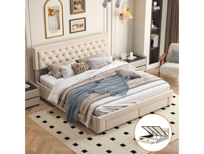 Lit coffre 160x200 cm - KILISKY - Beige - Velours - 2 tiroirs - Sommier inclus