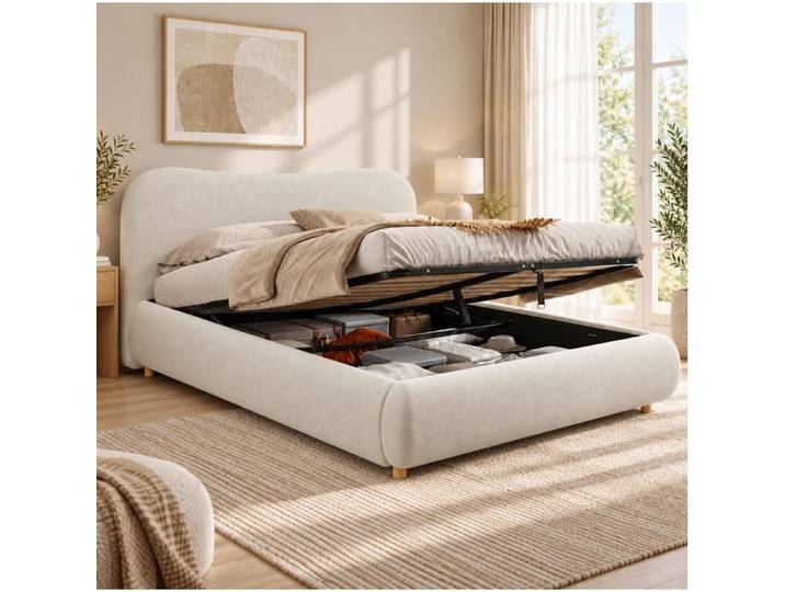 ROVRYN Lit coffre double 180 x 200 cm hydraulique avec sommier à lattes tissu bouclé blanc