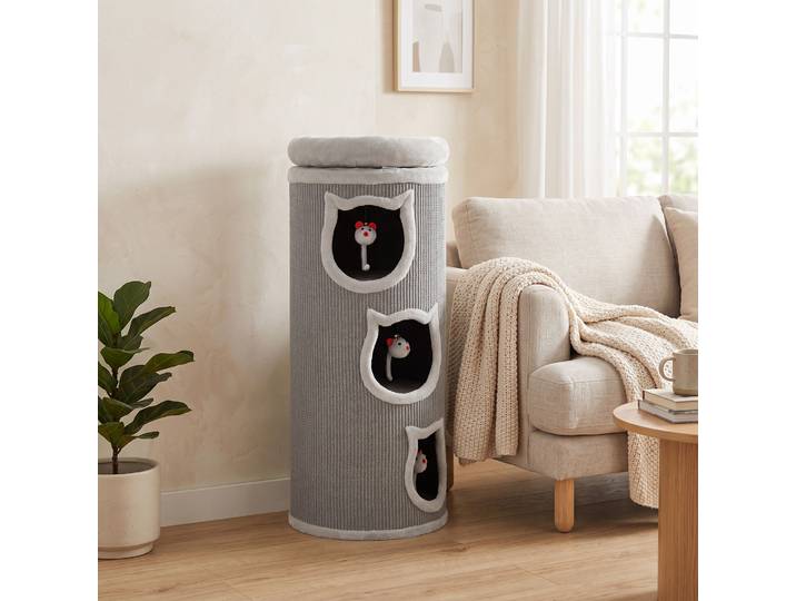 PawHut Tonneau à Griffer 96cm 4 Niveaux avec Lit Gris