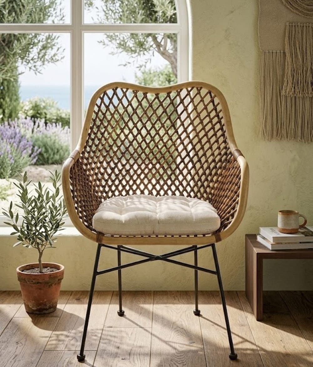 MSO Fauteuil en rotin pieds en acier avec coussin Marron 64x89x64cm