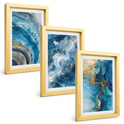 BILDER SET 3er Set - 20x30 cm Goldrahmen - Blaue abstrakte Muster