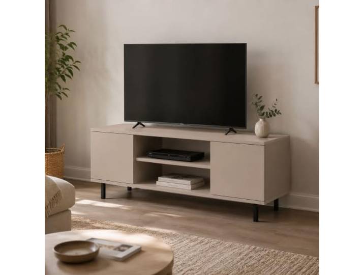Dmora - Fernsehschrank Zamosc, Ständer für Wohnzimmerfernseher, Niedriges Wohnzimmer-Sideboard, TV-Ständerbasis, 48x155 h40 cm, Beige