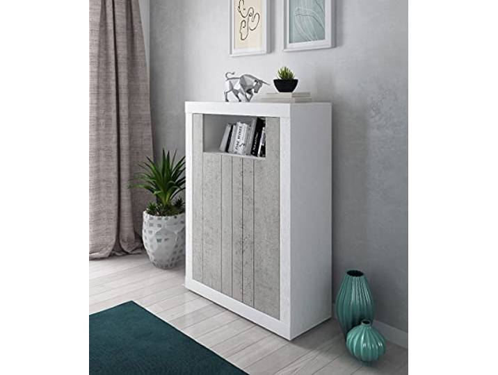Dmora - Modernes Design hohes Sideboard mit 2 Türen und Regalen, Küchenbuffet, Sideboard mit Regalen und Regalen, 105x42h143 cm, Weiß und Zementfarbe